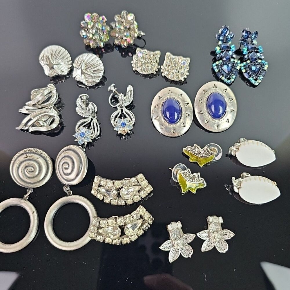 Vintage to Now Silver Tone Earring Lot of 12 Rhinestones Cat Leaf Wear Craft